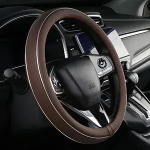 Brown Leather Steering Wheel Cover Fiber Strip  Steering Wheel Cover Universal 15 inch for Men
