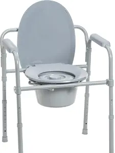Folding Steel Bedside Commode Chair, Portable Toilet, 350 Pound Weight Capacity with 7.5 Qt. Bucket, Grey