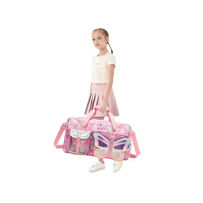 Girls Duffel Bag, Fairy Princess Butterfly Print Travel & Overnight Bag with Holographic Pocket, Sequin Pouch, Dual Soft Pink Handles & Adjustable Strap, Cute Travel Bags, Gradient Holo