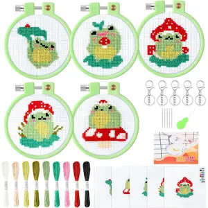 Beginners Embroidery Kits - 9 count DIY  with Mushroom Frog Cross Stitch Beginner Kit for   Point Starter Kit Sewing Set with Instructions for  Adults