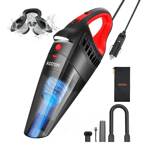 AstroAI Compact Car Vacuum with 12V DC Power,16.4 Ft Cigarette Lighter Cord,LED Light,7500 PA of Suction, Powerful Motor,with 3 nozzles and 5-meter c