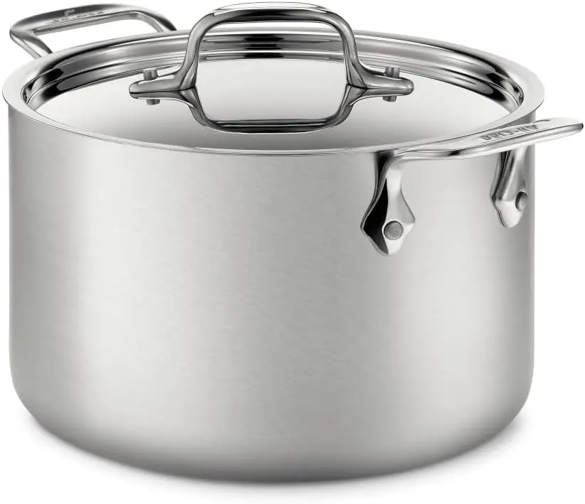 All-Clad D5 Stainless Steel Core 4 Qt Soup Pot with Lid - Made in USA - Polished Handles, Brushed Exterior, Flared Rims - Even Heat for Simmering - Oven Safe, Induction Compatible Cookware