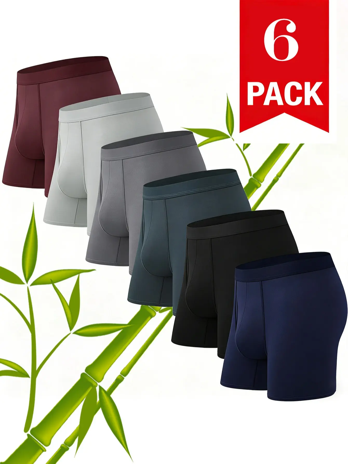 Men's 6-Pack Mid-Rise Bamboo Fiber Long-Length Open-Front Briefs - Breathable Waistband, Elastic Undergarments, Breathable Comfy, Sports, Workout Gym Underwear - No Sweat Trapping, Soft Plain Casual for Daily Wear, Running, Breathable Comfy Underwear Basi