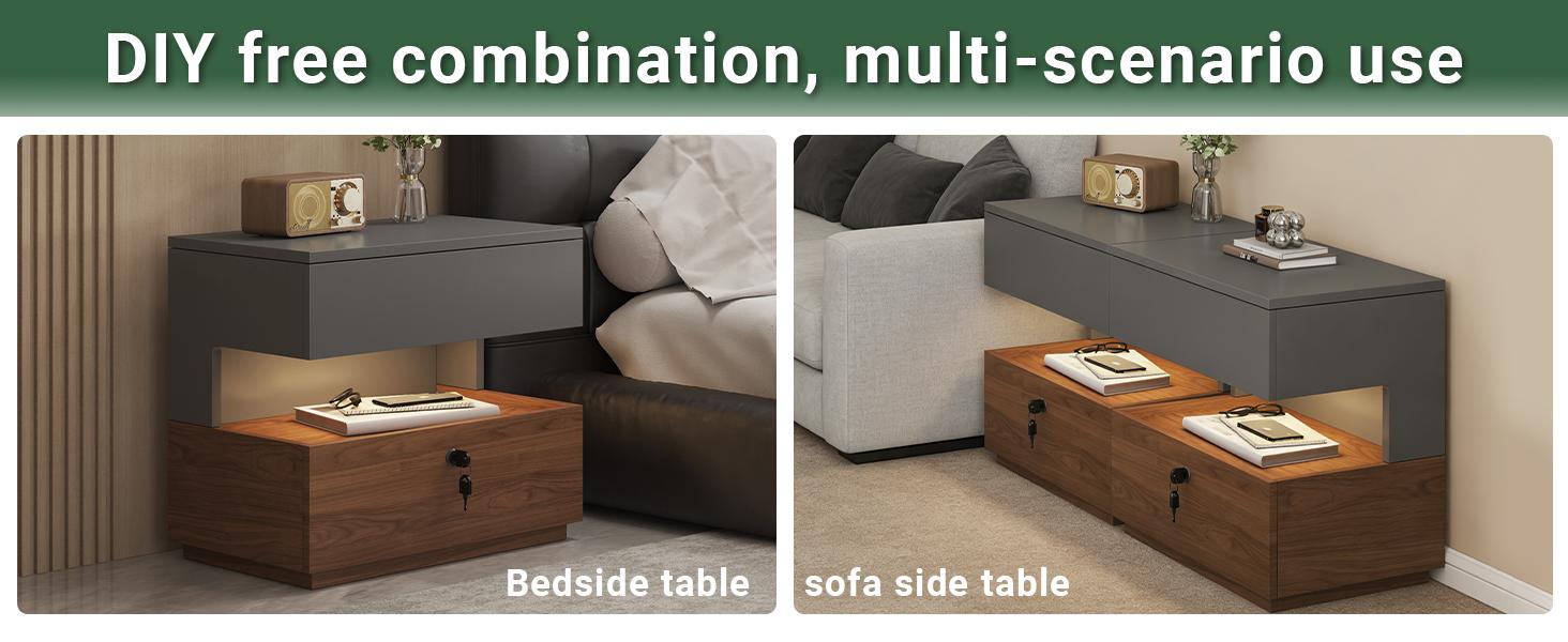 21.65" Floating Nightstand with Motion-Activated LED Light & Lockable Drawer, Modern Grey & Walnut Night Stand with Open Storage Shelf, Bedside Table with 2-Tier Drawer, Mid Century Bedroom Side Table