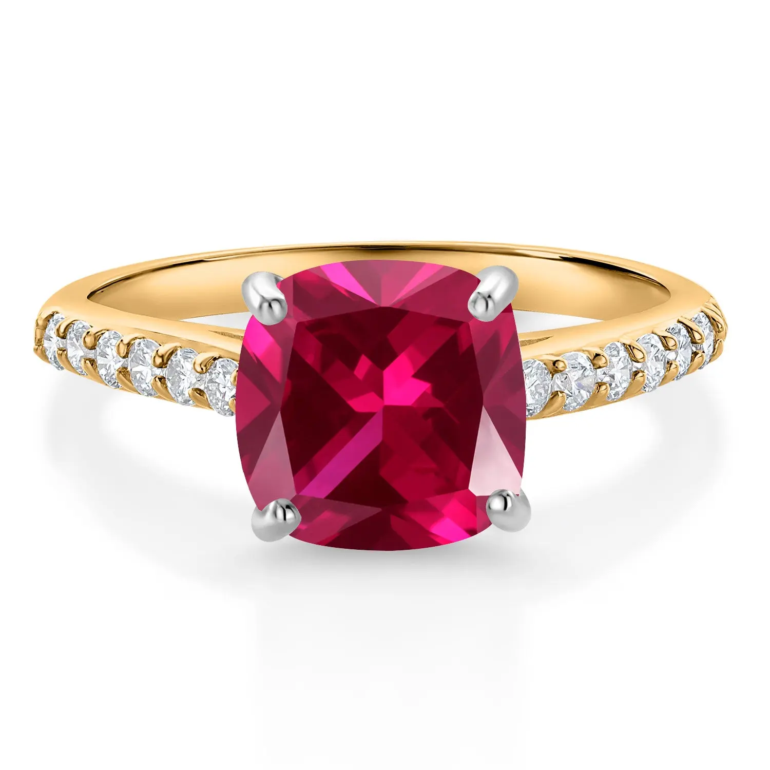 Gem Stone King 10K Yellow Gold Red Created Ruby and White Lab Grown Diamond Engagement Ring For Women | Center 8MM Cushion Cut | 2.68 Cttw | Wedding Anniversary Promise Ring For Women