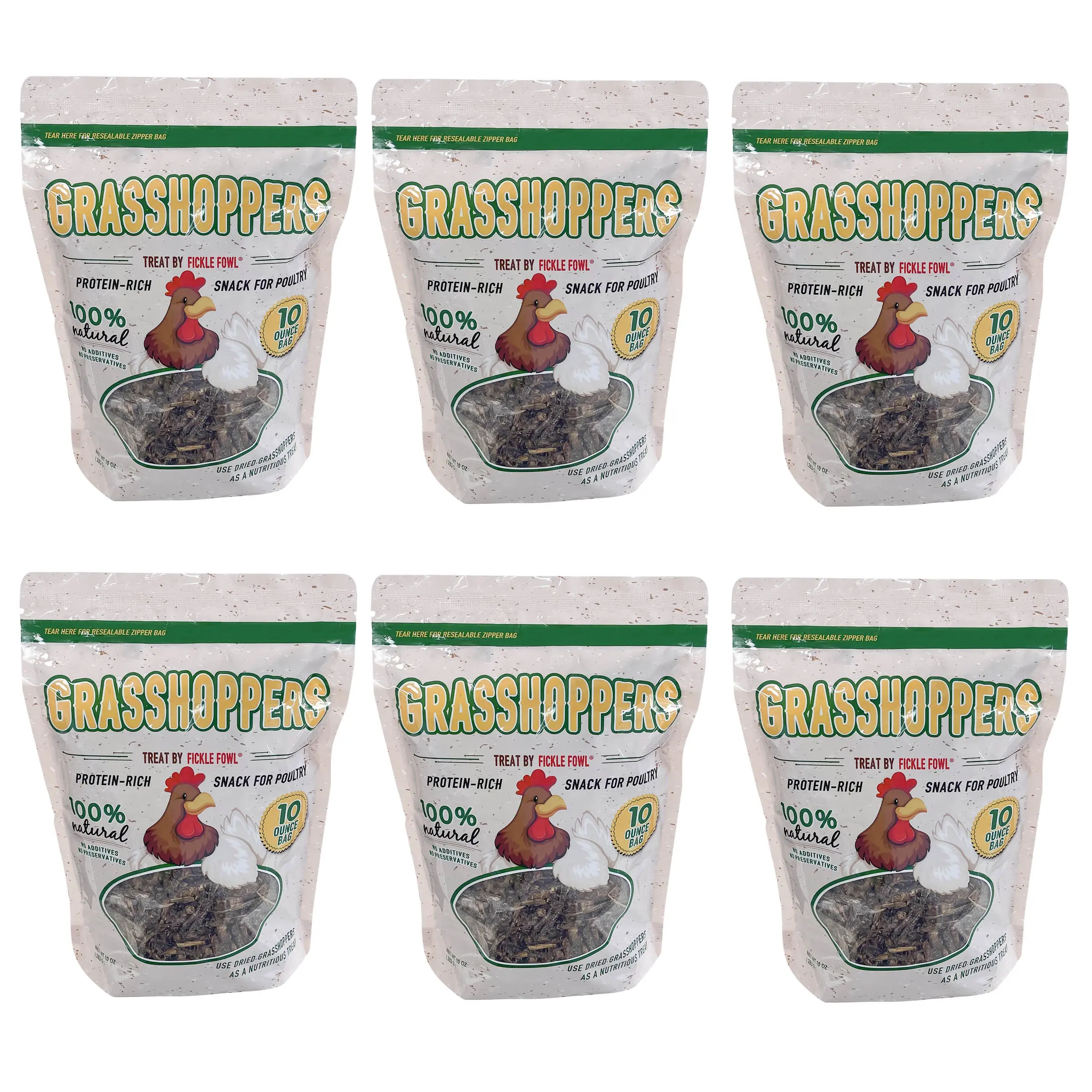 Fickle Fowl Dried Grasshopper Bird Food - 10 oz Bags (6-Pk) for Poultry, Farm Animal Feeding