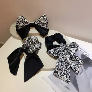 French Vintage Floral Hair Rope Hairpin Simple Bow Wear High Ponytail Elastic Hair Scrunchies Tie