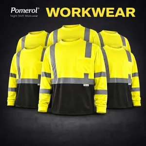[SummerVibes]3/6-Pack Pomerol High Visibility Safety T-Shirts, Men's Long Sleeve Reflective Workwear with Pockets, Breathable and Lightweight, Suitable for Construction, Warehouses, Outdoor Work, Night Fishing - Neon Yellow/Green