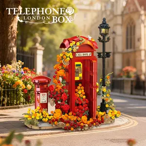 Telephone London Box English Romantic Building Kit (1142PCS) - Red Phone Booth & Mailbox Block Set with Flower Vines, Movable Door & LED Streetlights, Vintage British Botanical Decor for Collectors, Ideal Home Ornament & Holiday Gift for Adults Teens