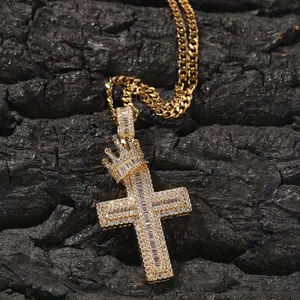 Luxury Men's 18K Gold Plated Crown Cross Pendant Copper Inlaid 5A Zircon Couple Anniversary Gift for Boyfriend Father's Day Birthday Hip Hop Necklace Cuban Link Chain