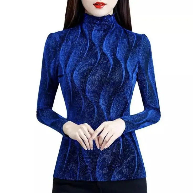 Women's 3D Graphic Textured Ruffled Turtleneck Blouse - Comfortable Fabric, Feminine Women's Top & Shirt, Casual, Shirts