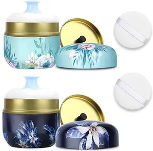Body Powder Puff and Container, 3.15" Portable Empty Body Powder Container for Baby Women's Loose Dusting Powder, Powder Case Box with Lids for Bath, Travel and Home Use (Dark&Big Flower)