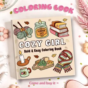 1PC paper cozy coloring book, Coloring Gift Book, Quality Paper, warm healing style, filled with autumn lifestyle illustrations, with bold outlines and detailed lines, adult stress-relief hand-drawn autumn leisure moments, cozy coloring book