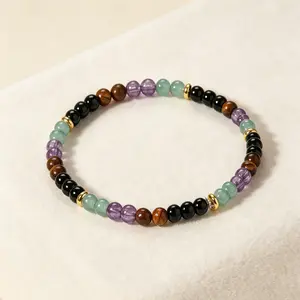 Natural Black Tourmaline Tiger Eye Amethyst Green Aventurine Crystal Balance Bracelet | 4 Stones for Protection & Positive Energy Healing Jewelry Gift for Men Women