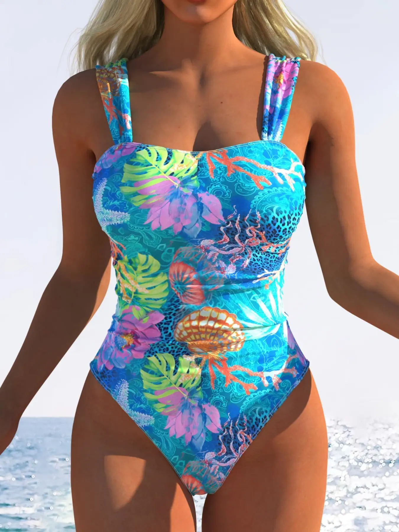 New European and American Fashion Women's One-Piece Swimsuit, Ocean Element Print, Sexy Tie Dye Pattern, All Seasons, Tropical Print Swimsuit, Beach Fashion Swimsuit, Swimsuit Beachwear