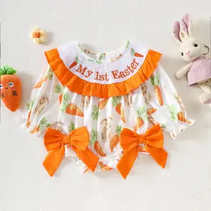 Baby Girl My 1st Easter Outfit, 0-18M Carrot Bunny Print with Big Bows, Newborn Easter Bodysuit Clothes C447