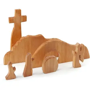 7pcs/Set Empty Tomb Easter Scene and Cross Decoration, Wooden Easter Resurrection Scenes Cross Jesus Tomb Tray Set, Jesus Nativity Scene Decor for Religious Decorations,Shelf Decor