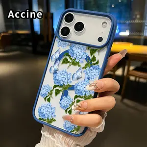 Hydrangea and Butterflies Pattern Magnetic Phone Case for iPhone 17 16  Pro Max Plus 15 14 13 12 11 Air E Non-Yellowing Drop Protection Transparent Acrylic  Shockproof Silicone Cover Supports Wireless Charging
