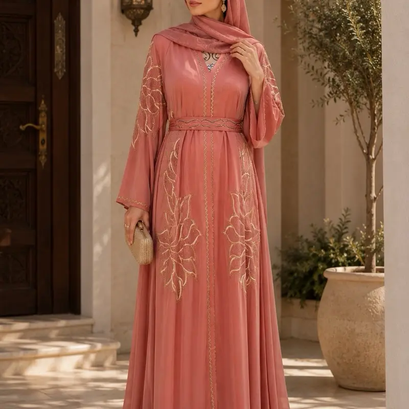 Women's #45 Dubai Luxury 1-Piece V-Neck Long Sleeve Beaded Abaya with Matching Hijab, Modest Fashion for Hijabi Fashion Enthusiasts