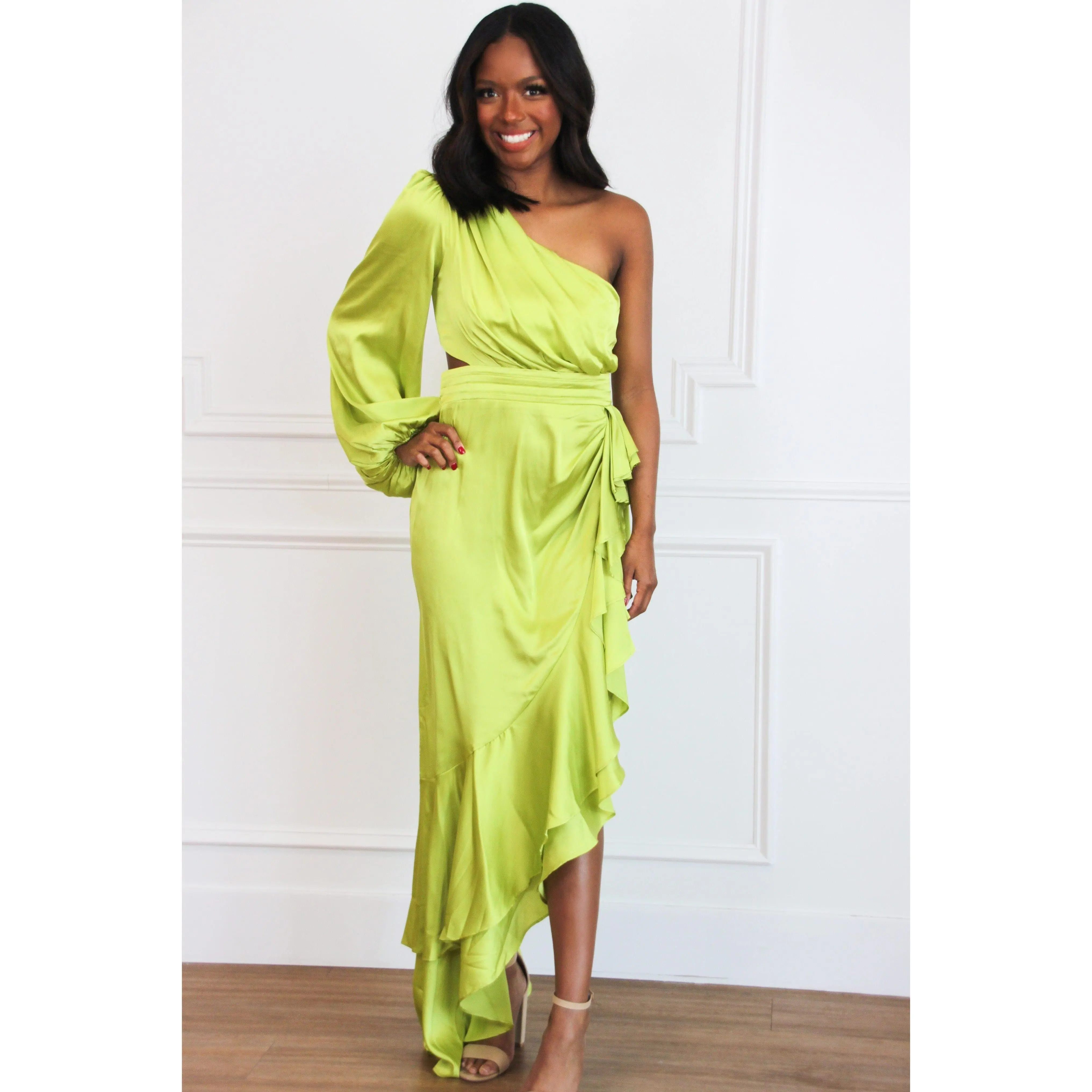 knee length dresses for ladies Yellow Floral Embroidered One Shoulder Dress - Maxi Dresses