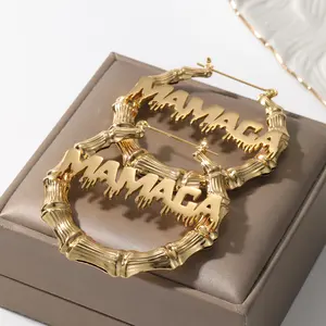 Stainless Steel Bamboo Hoop Earrings Customize Name Earrings Bamboo Style Custom Hoop Earring With Statement Words Number