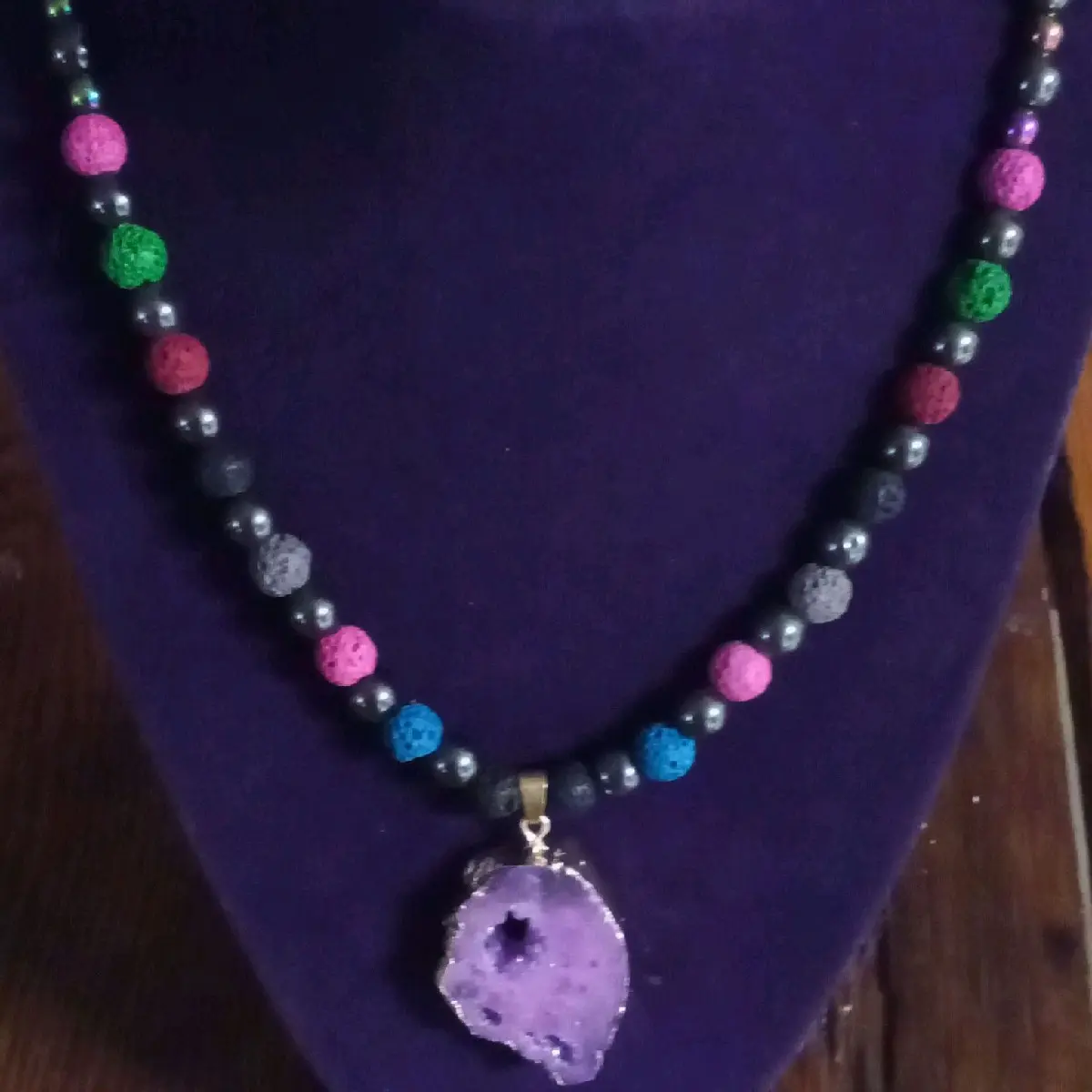 Rainbow Hematite & Lava Rock Stone Aromatherapy Necklace - Handmade Costume Jewelry