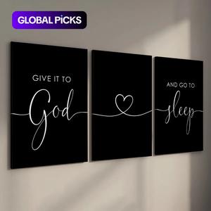 Wood Framed Canvas Wall Art, 3 Counts/set Give It To God and Go To Sleep Letter Pattern Wall Decor, Wall Art for Home Living Room Bedroom Office Gallery, Ornaments