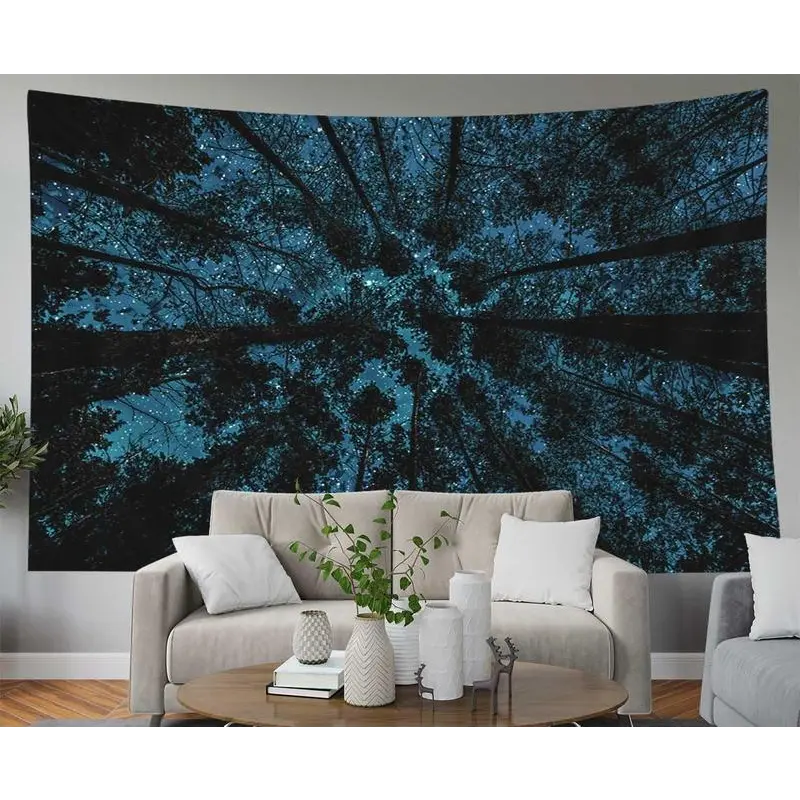 Forest Tapestry Aesthetic Tapestry Forest in Night Sky with Stars and Clouds Door Tapestry 80X60 Tapestry Present for Families Bedroom Decoration Items