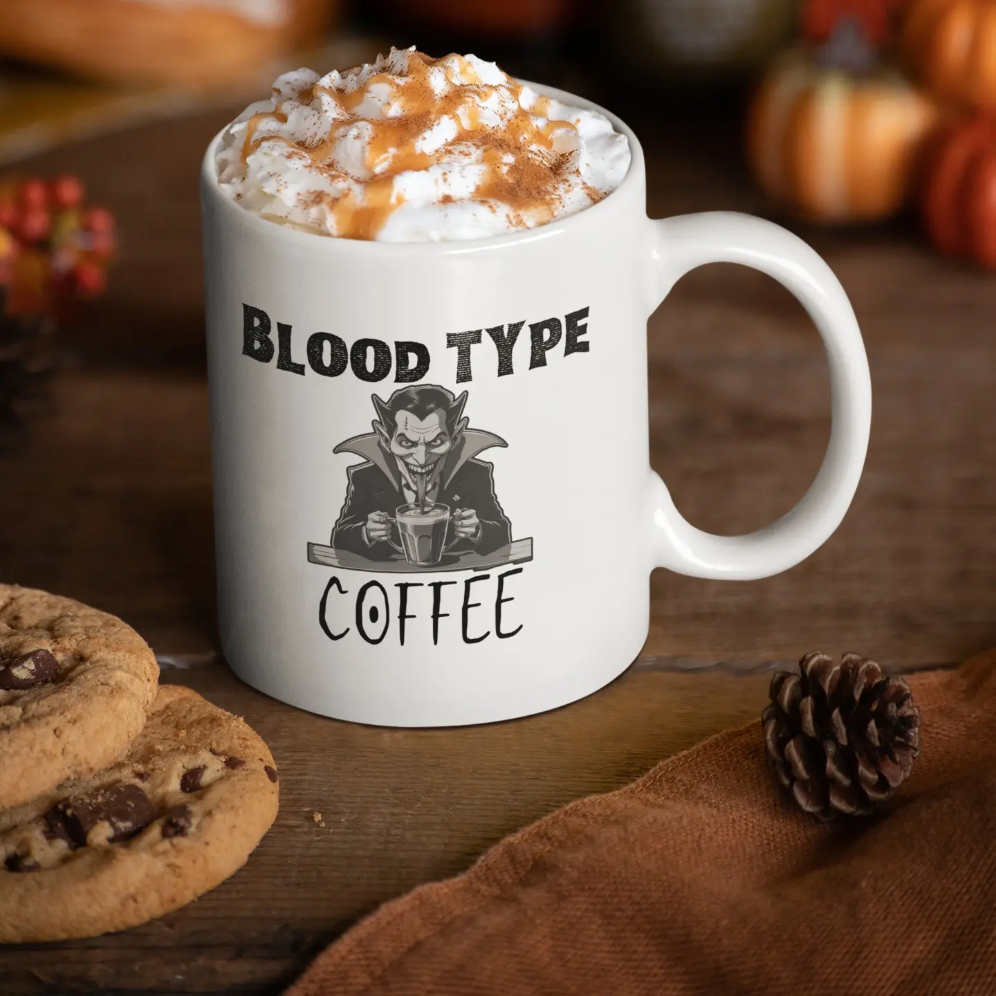 Blood Type: Coffee Dracula Mug – Funny Vampire Halloween Gift for Coffee Lovers & Spooky Season Vibes Ceramic Cup Drinkware Glossy 11Oz Gothic