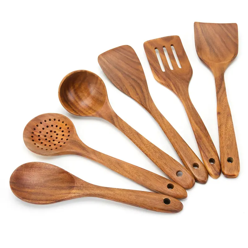 6 Pieces Wooden Cooking Spoon Set - Ideal for Non-Stick Pans, Heat Resistant Solid Wood, Smooth Teak Cutlery for A Comfortable Grip - Lightweight and Durable - Easy To Clean