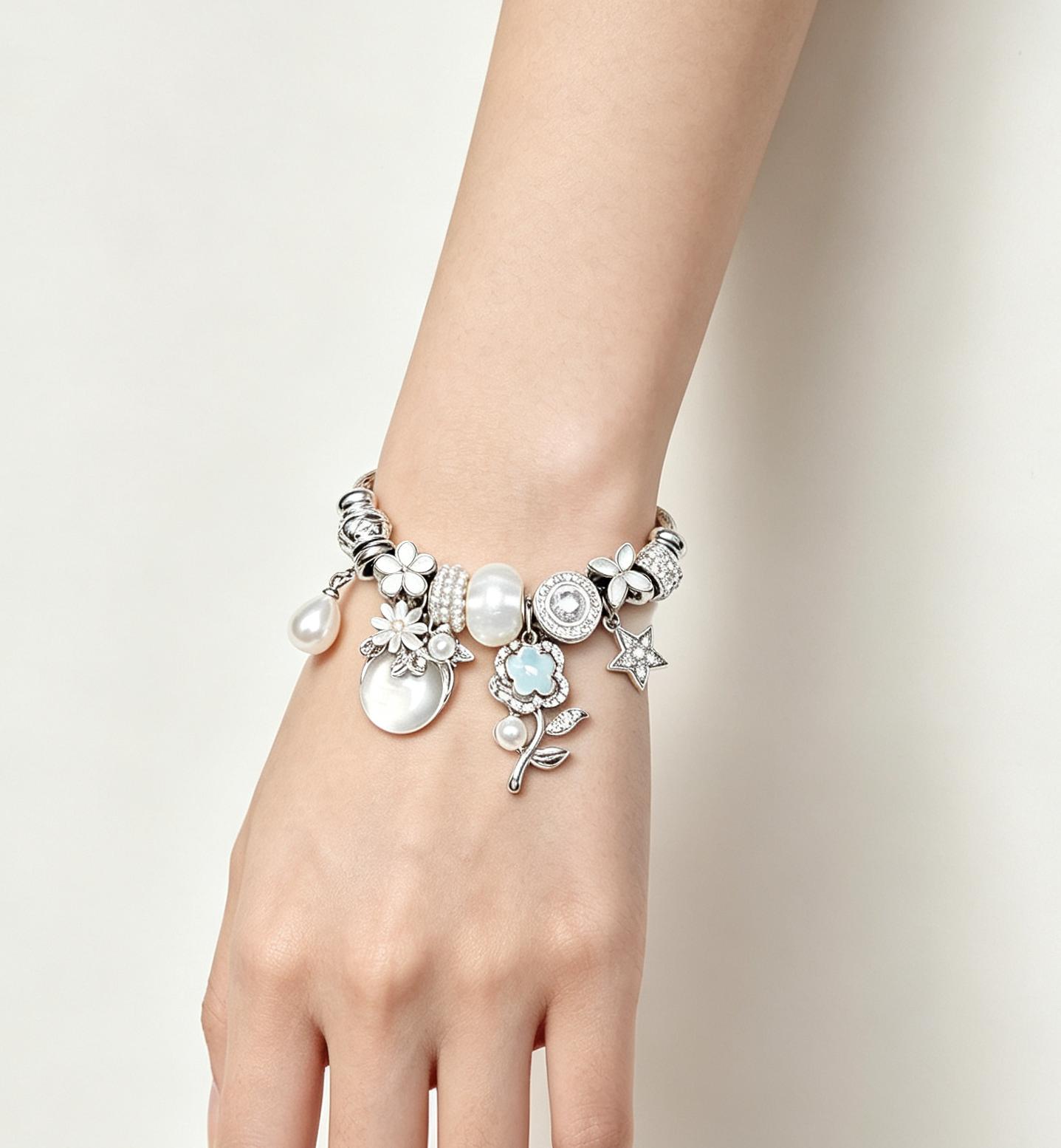 Women's Adjustable Open Cuff Silver Cable Wire Bracelet - Pearl, 4-Leaf Clover, Star, Flower Crystal Charms - Stackable Elegant Jewelry Gift for Daily Party Use Women's Adjustable Open Cuff Silver Cable Wire Bracelet - Pearl, 4-Leaf Clover, Star, Flower Crystal Charms - Stackable Elegant Jewelry Gift for Daily Party Use