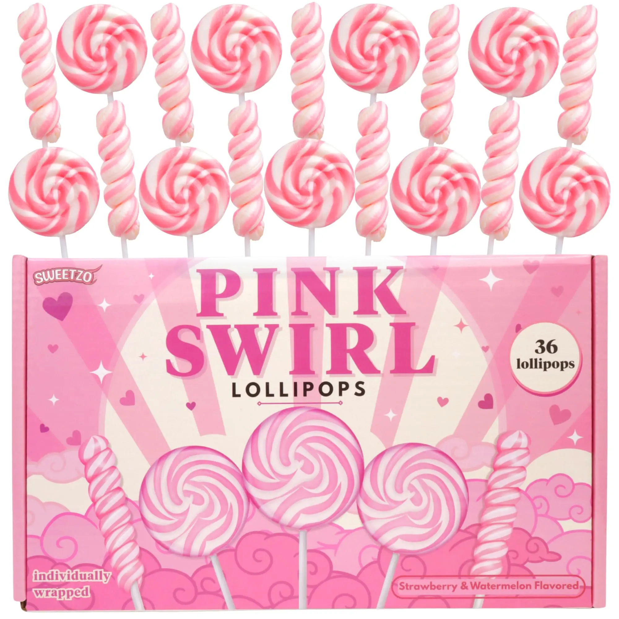 Bulk Pink Swirl and Twist Lollipops, Individually Wrapped Suckers, Great for Breast Cancer Awareness Month, Baby Showers, Gender Reveals and More, 36 Count