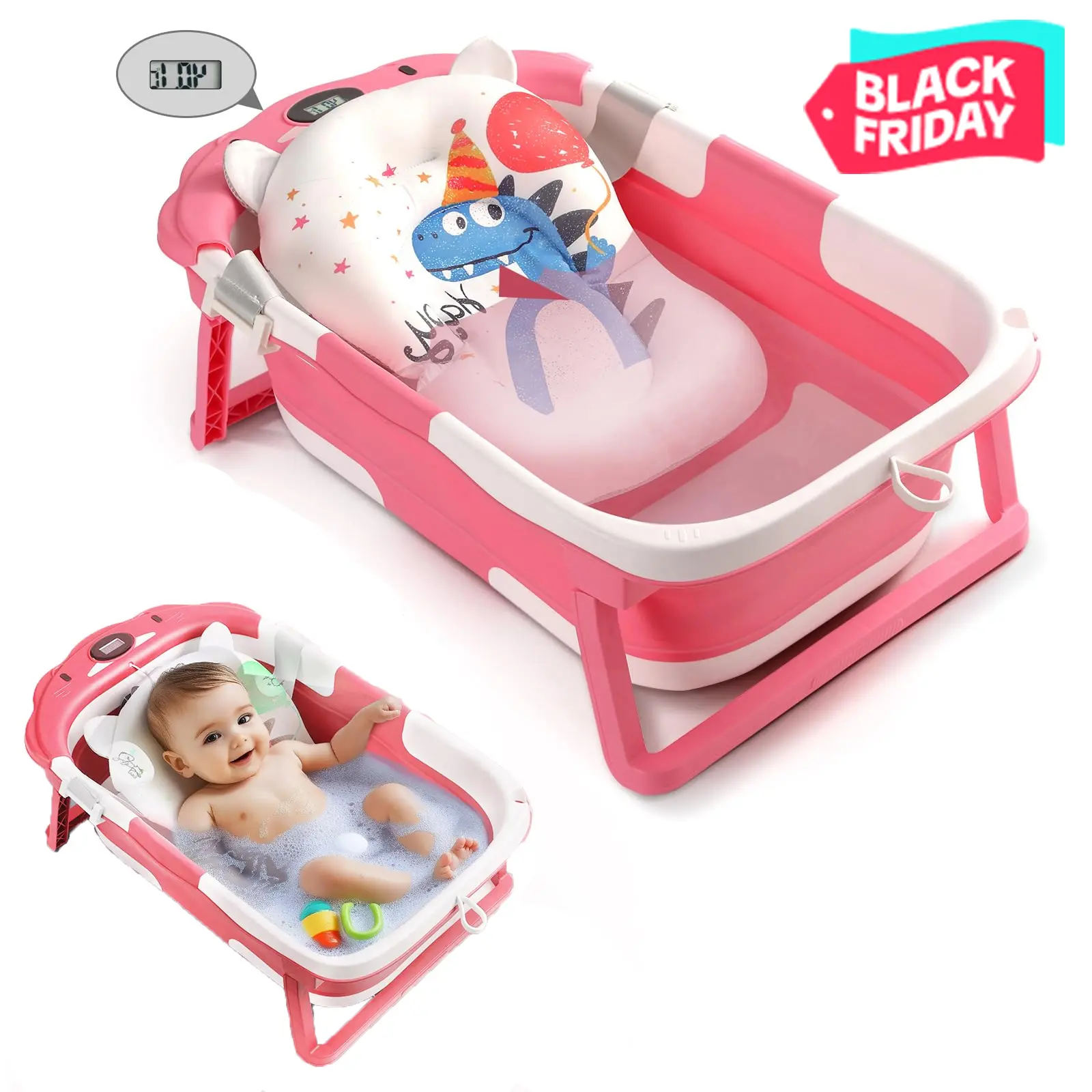 Collapsible Baby Bathtub, Baby Bath Tub for Newborn,0-36 Months Baby Bath Essentials, Pink,Grey