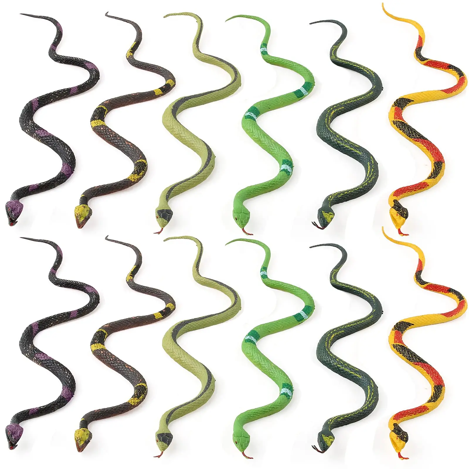 Fake Snakes 12 inches, Rubber Snake, Realistic Toy Snake, 12 pcs Plastic Snakes, 6, Great as Garden Props to Scare Birds, Squirrels, Mice, Pranks and Halloween Decoration