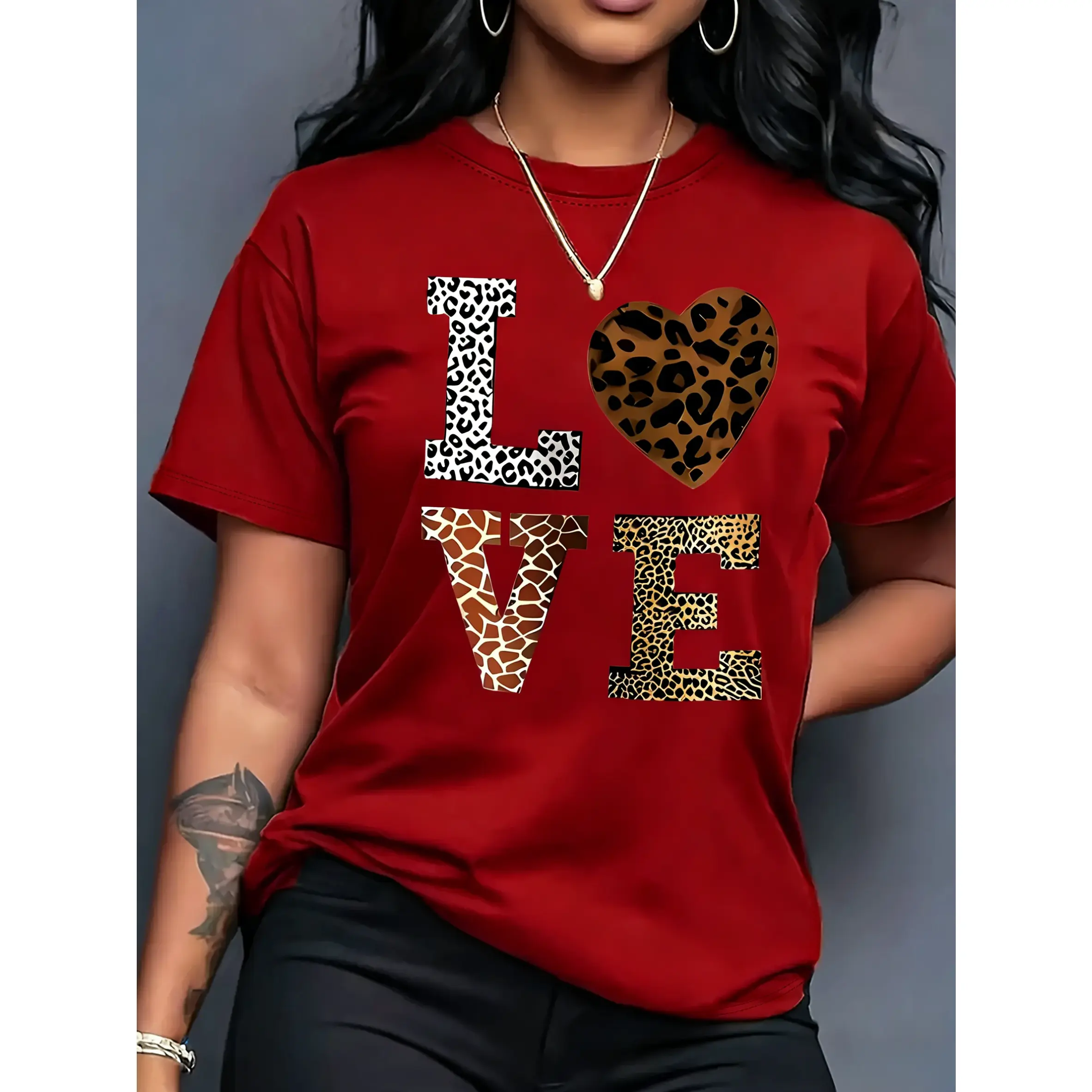 100% Cotton Women's Short Sleeve T-Shirt, "I Love You" Leopard Print Letters and Heart Pattern Print, Vintage Elegant Exquisite Cute Sexy Sweet Style Round Neck Top, Women's Gift Birthday Gift, Commuting T-Shirt Party T-Shirt