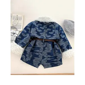 Girls' Winter Warm-Lined Denim Jacket with Collar & Belt Thickened Cold-Weather Coat Hand Washable Stylish Outerwear for Playdates & Special Events to Teen