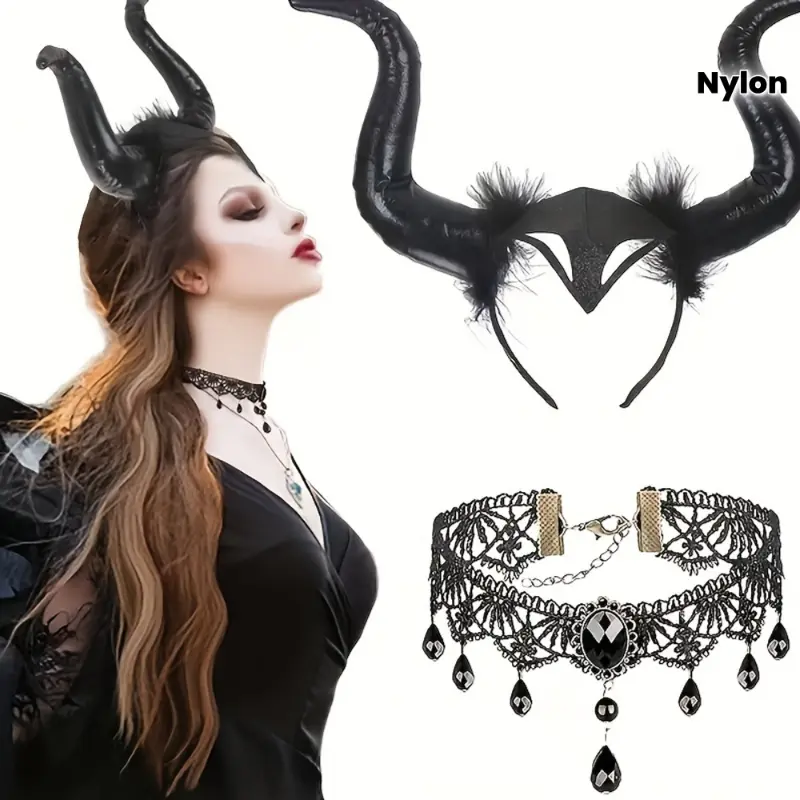 Gothic Witch Accessory Set for Women, 2-Piece Nylon Devil Horns Headband and Cross Choker Necklace, Fashion Cosplay Props for Halloween Party, Accessories, 2Pcs, Gothic Witch Aesthetic, Spooky, Horns+Necklace, Accessory Kit