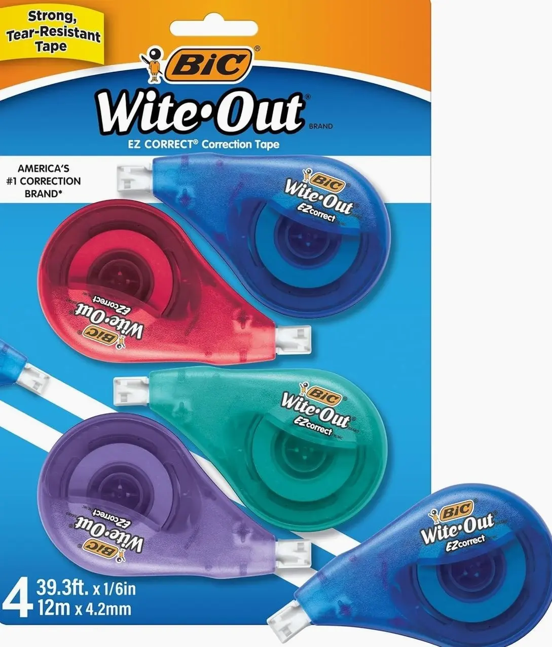 BIC Wite-Out EZ Correct Correction Tape, School Supplies for Students and Teachers, Applies Dry, No Dry Time, Tear Resistant, 4-Count Pack in White