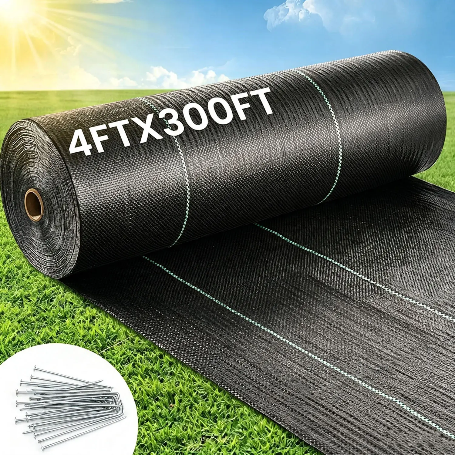 4FT x 300FT Weed Barrier Landscape Fabric, Heavy Duty Woven Geotextile with 20 U-Shaped Pegs & Pre-Printed Cutting Lines, Ground Cover Colth Garden Bed Liner for Landscape, Driveway, Greenhouse