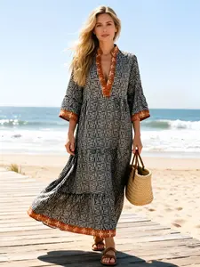 Elegant Plus Size Women's Bohemian V-Neck Dress, Long Sleeve Loose Fit, All over Print Patchwork Design, Casual Holiday Wear, Womenswear Elegance