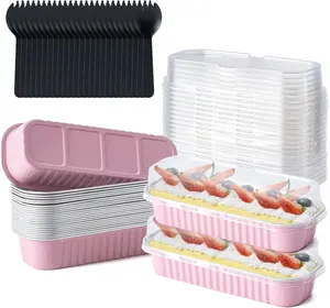 Mini Cake Pans with Lids and Spoons, Small Aluminum Foil Loaf Pans, Rectangular Baking Containers for Party and Picnics, 25 Pack, 6.8oz (Pink)