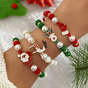 4pcs Christmas Acrylic Elastic Beaded Bracelet Female Santa Elk Bracelet
