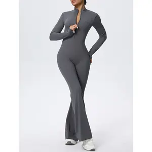 Women's sports jumpsuit with high elasticity zipper, long sleeved pants, solid color, tight fit, fitness yoga uniform, sports jumpsuitRAIMENTRY