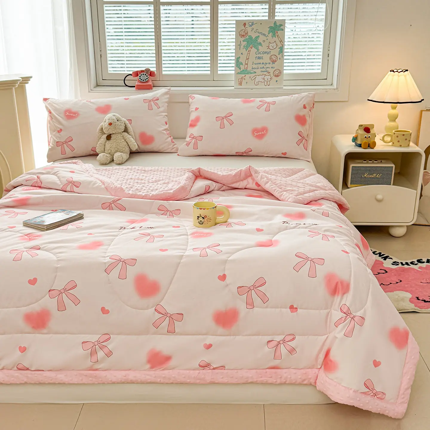 Butterfly Knot Summer Quilt Thin Blanket, Soft Breathable All-Season Use, Printed Dotted Embroidery, Stitched Single Twin Size, Hotel Home Bedding, Lightweight Bedding, Floral Print Quilt