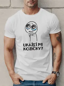 Funny Begging Meme Graphic Tee, Czech Phrase "Ukážeš mi kozičky?" Print Shirt, Humorous Statement, Soft Casual Top For Meme Lovers & Daily Wear