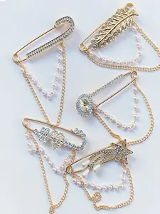 5 Piece Set Faux Pearl Chain Brooch Pin, Clothes Fastener Locking Clip, Waist Cinching Decoration, Women's Simple Fashion Accessory, Drop Set Pins