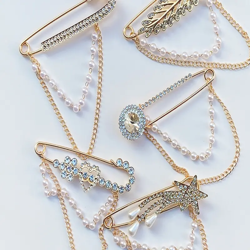 5 Piece Set Faux Pearl Chain, Clothes Fastener Locking Clip, Waist Cinching Decoration, Women's Simple Fashion Accessory, Drop Set Pins, Broched Pins