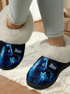 Custom Blue Flame Wolf Shadow Cotton Slippers, Cool Style, Fuzzy Lining, Anti-Slip Thick Sole, Home Use, Men and Women, Fall Winter Warm