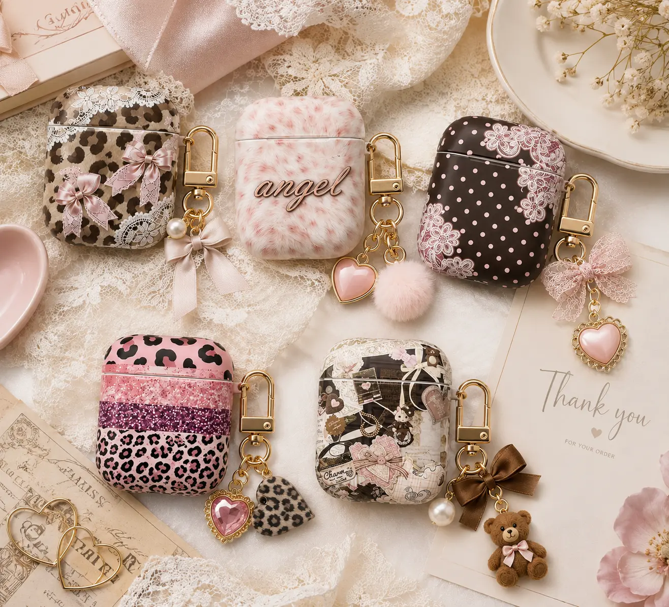 NO KEYCHAIN Coquette AirPods Case, Pink Leopard AirPods Pro Cover, Girly Bow Lace AirPods Case, Soft Glam Aesthetic AirPods Gen 1 2 3 4 Case, Cute Feminine Gift for Her