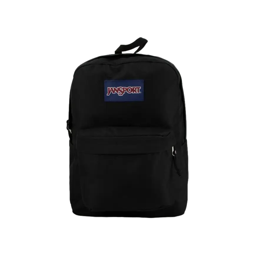 Jansport Super Break Plus Backpack - Black, 100% Recycled Polyester, Roomy Main Compartment, Bottle Pocket, Adjustable Straps, Webbing Handle